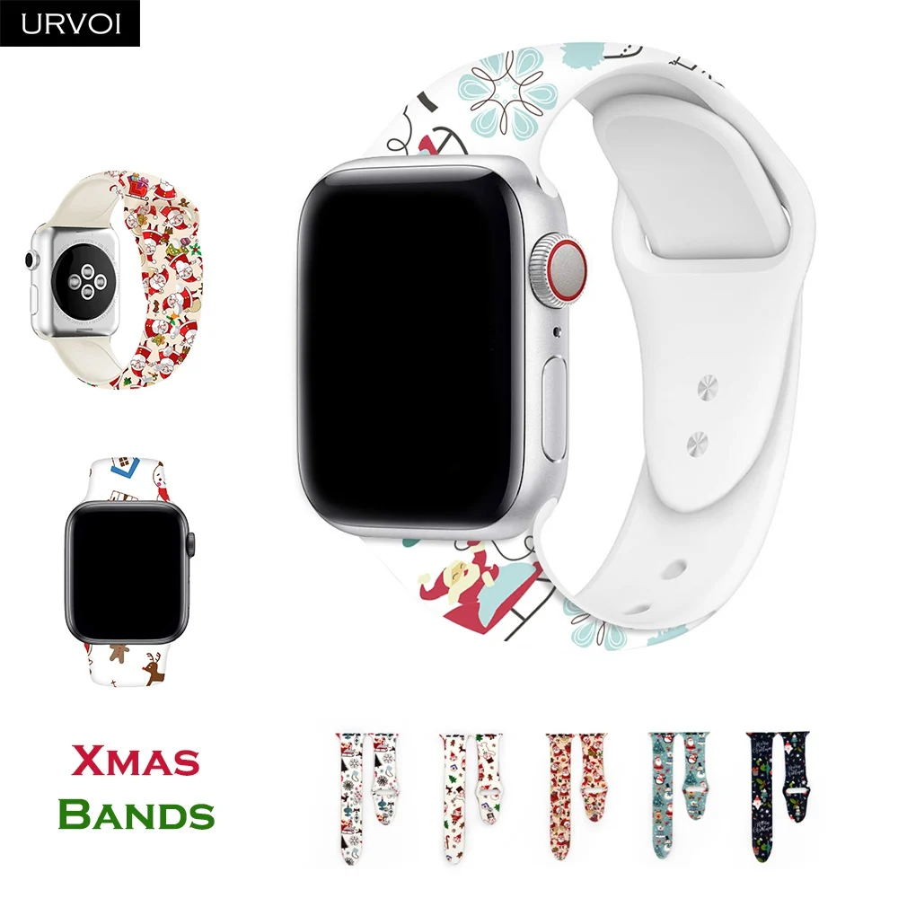 Спортивный ремешок URVOI для Apple Watch, серия 54, 3, 2, 1, силиконовый ремешок для iWatch, разноцветные адаптеры, Рождественский Санта-снеговик, ремешок 40, 44 мм