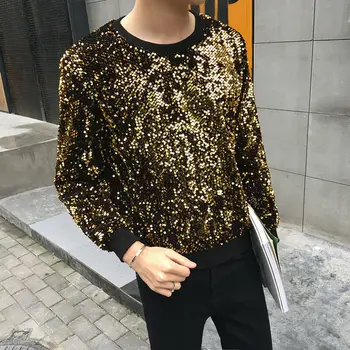 

Men Long Sleeve Sequin Bling Glitter Pullover Shirt Top Shiny DJ Clothes