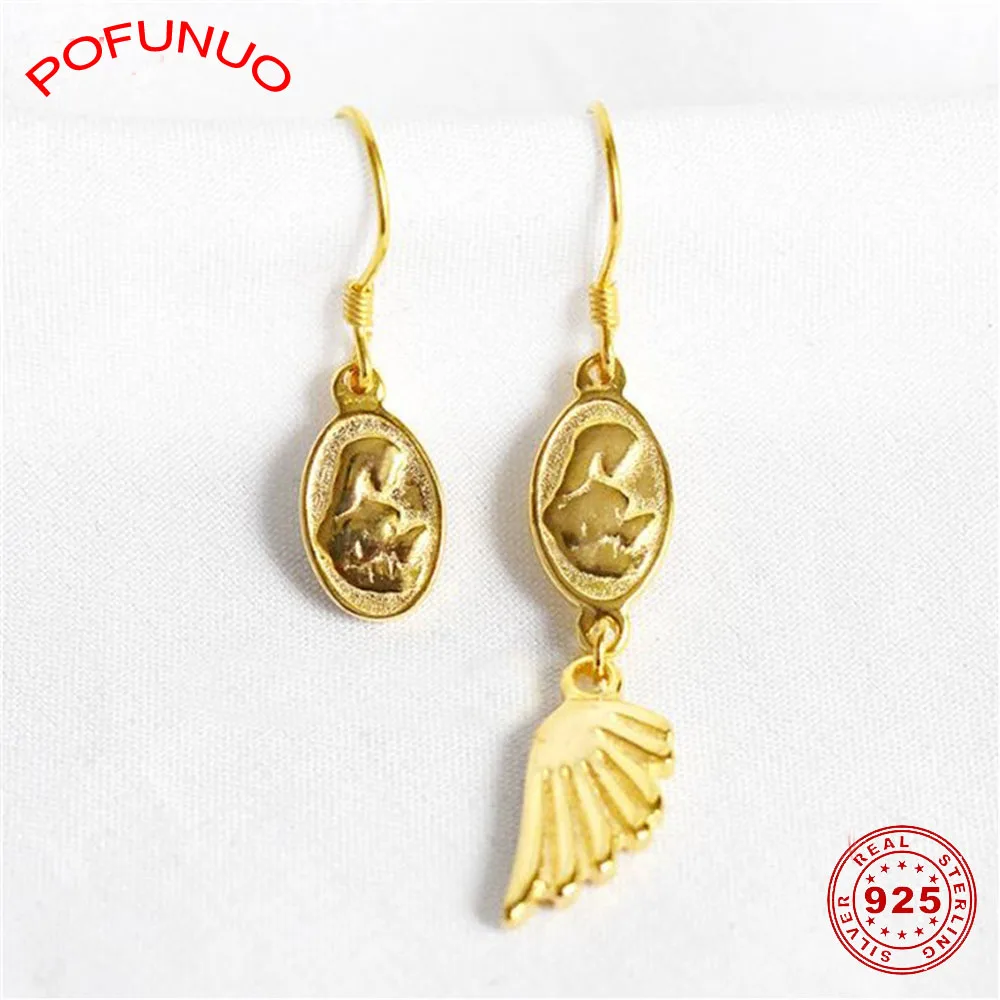 

POFUNUO 925 Sterling Silver Geometric Asymmetry 24K Gold Virgin Charm Earrings Women Personality Fashion Wedding Drop Earrings