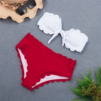 

Cute Scalloped Swimwear Bikinis Women Bandeau High Waisted Bikini Set Bowknot Biquini Padded Bathing Suits maillot de bain femme
