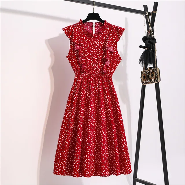 Vintage Butterfly Sleeve Ruffles Heart Dot Print Dress Women Medium Long Chiffon Ladies Spring Summer Dress Red Black Blue 1