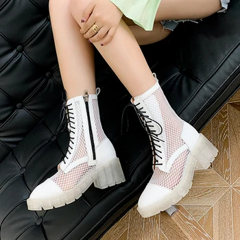 

White Ankle Boots For Women Mesh High Heels Platform Boots Women Lace Up Martin Boots Punk High-Top Ladies Boots Bottine Femme