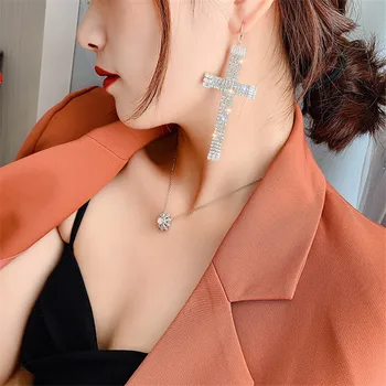 

FYUAN Geometric Crystal Drop Earrings for Women Oversize Cross Rhinestone Dangle Earrings Statement Earrings Party Jewelry