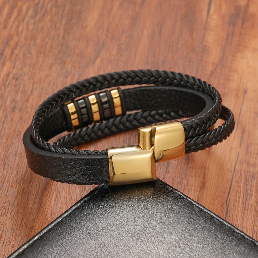 New Punk Multilayer Woven Genuine Leather Men's Bracelet Golden Black Stainless Steel Magnetic Clasp Jewelry Gift - Image 2