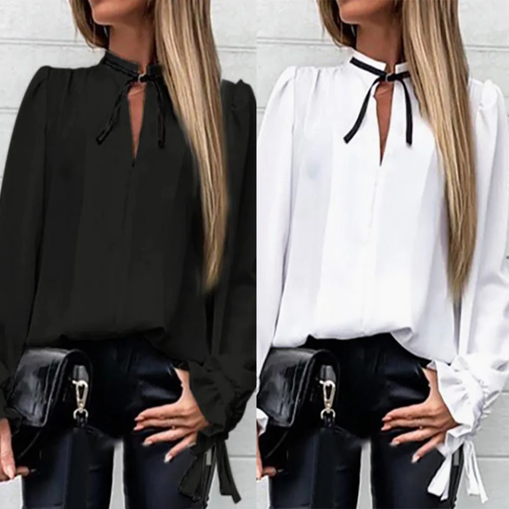 

Blouses Woman 2019 Chiffon Women Fashion V-necksolid Ruffles Cuff Tied Neck Shirt Long Sleeve Blusa#P30