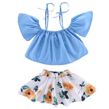 

Summer Fashion Girl Blue Suspender Top And White Print Skirt Kit Kid Two-piece Fashion Outfit Set Newborn Baby Girl Clothes
