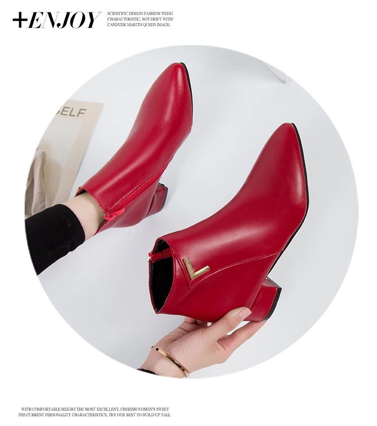 Г. Модные женские ботинки повседневная кожаная весенняя обувь на низком каблуке женские ботильоны на резиновой подошве с острым носком черный, красный цвет, zapatos mujer