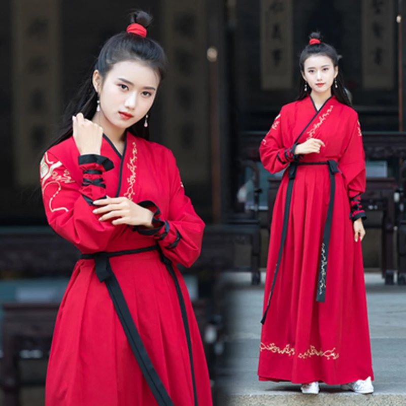 Улучшенный Hanfu Мужской воин красный китайский народный женский костюм для танцев Сказочный элемент древняя китайская принцесса Хань косплей одежда DL4186