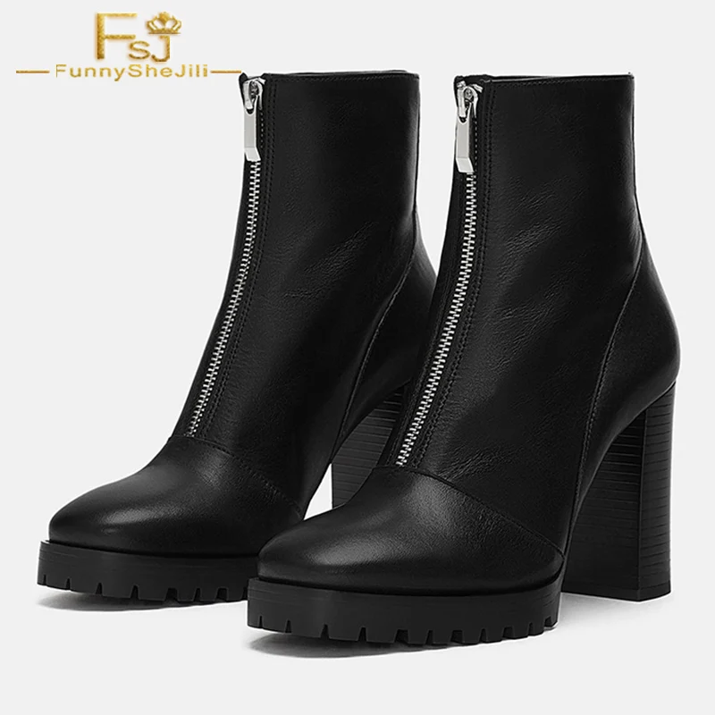 

Front ZIP 10cm Block Heel Ankle Boots Matte Black Botas Mujer Booties 4 inches Square Heels Sock Martin Autumn Shoes Women FSJ