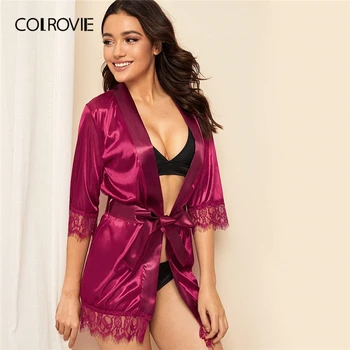 

COLROVIE Burgundy Contrast Lace Satin Robe With Belt Women Long Sleeve Solid Nightwear 2019 Summer Elegant Sexy Sleepwear