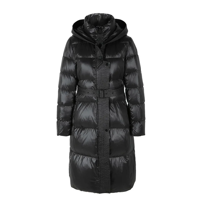 Hooded women's down jacket puffer warm jacket zippered belt long sleeved jacket S-10XL
