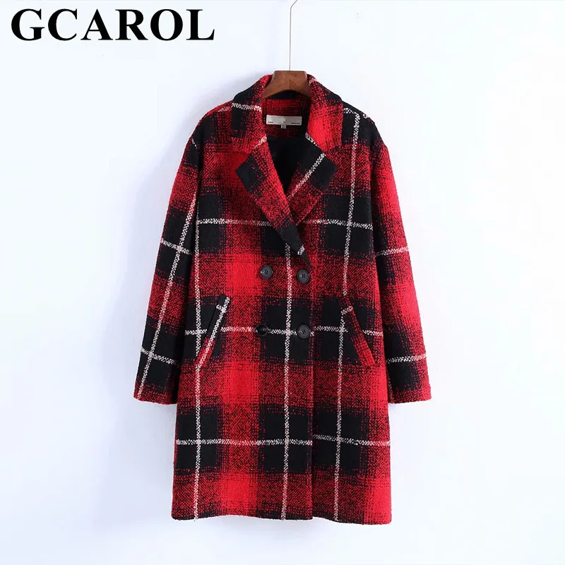 GCAROL New Women Check Overcoat Notched Collar Double Breasted Plaid Red Coat Oversize OL Office High Street Outfits