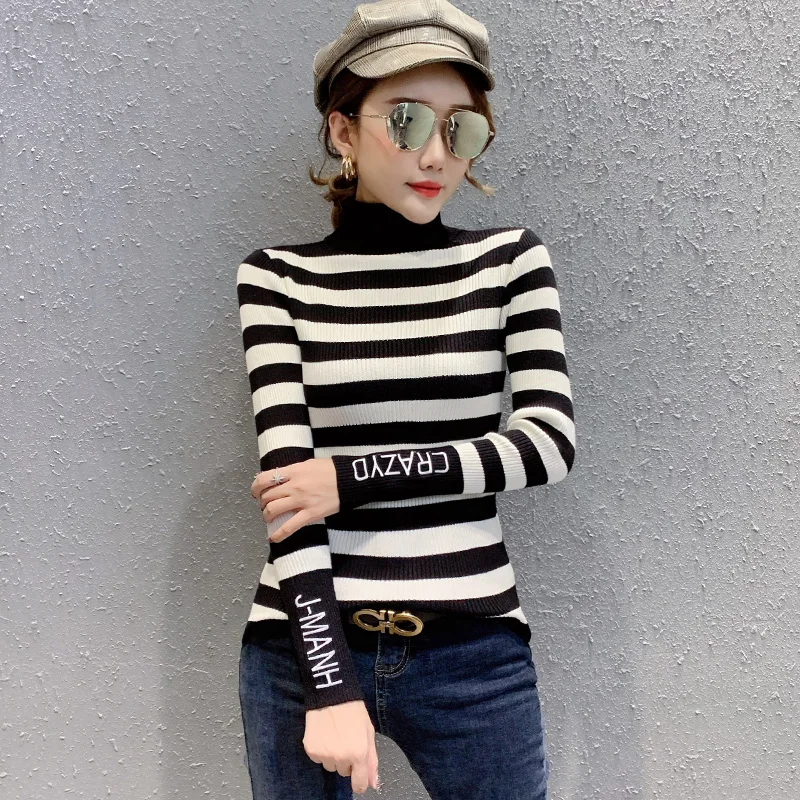 Sweater Women's High Neck Slim Stripe Long Sleeve Women's Autumn Winter Thickened Sweater Pullover Turtleneck  Office Lady Thick
