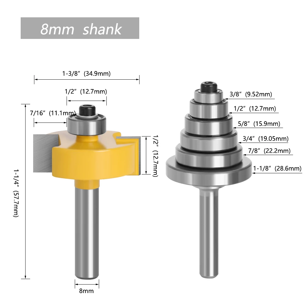 LAVIE 2PCS 8mm Shank Rabbet Router Bit with 6 Adjustable Bearings Tenon Milling Cutter Cemented Carbide Woodworking Bits MC02049