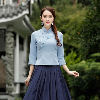 

Traditional Embroidery cheongsam daily retro fashion Republican long-sleeved word buckle improved cheongsam shirt Slim shirt