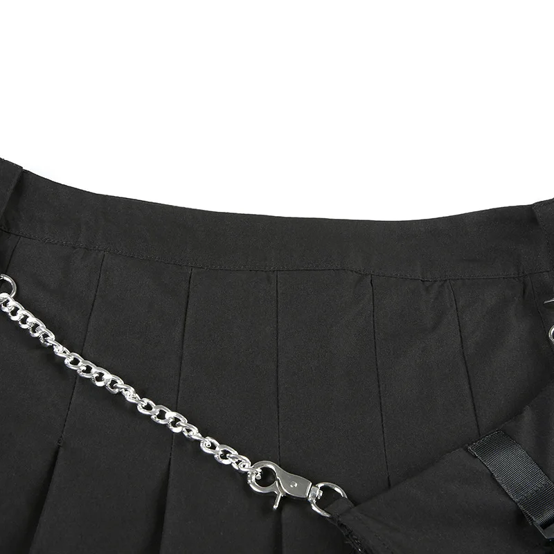InsGoth Harajuku мини женская плиссированная юбка Готический Панк цепь пакет Твердые Юбки с высокой талией уличная хип хоп карго Женская юбка