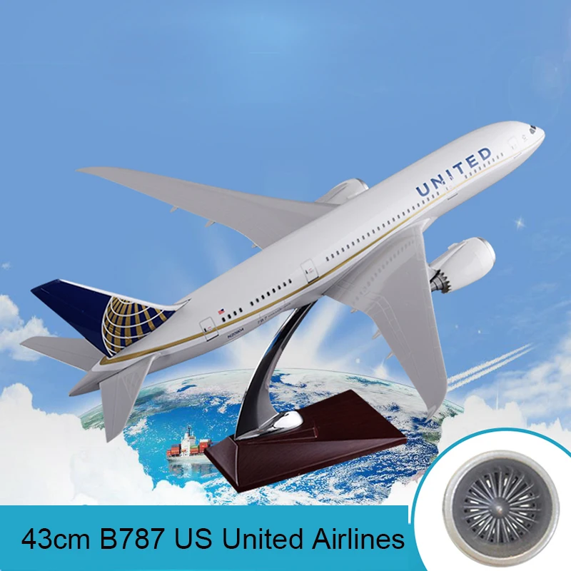 Модель самолета из смолы 43 см модель авиакомпании B787 United Airlines Боинга 787 США ручной