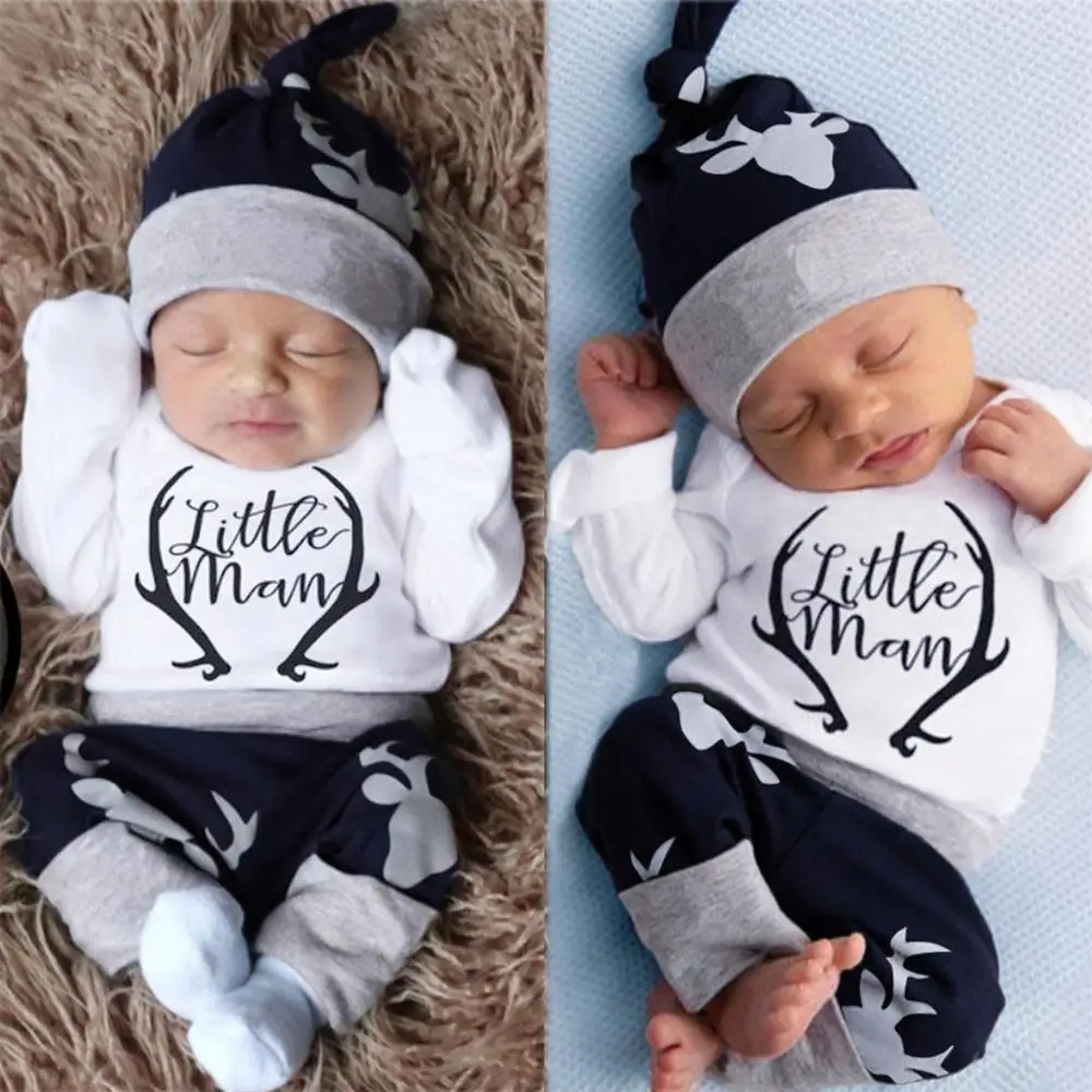 

Winter Baby Girl Boys Sets Clothes 2019 Infant Baby Boys Girls Letter Print Romper Bodysuit+Deer Pants+Hat Outfits Sets A2