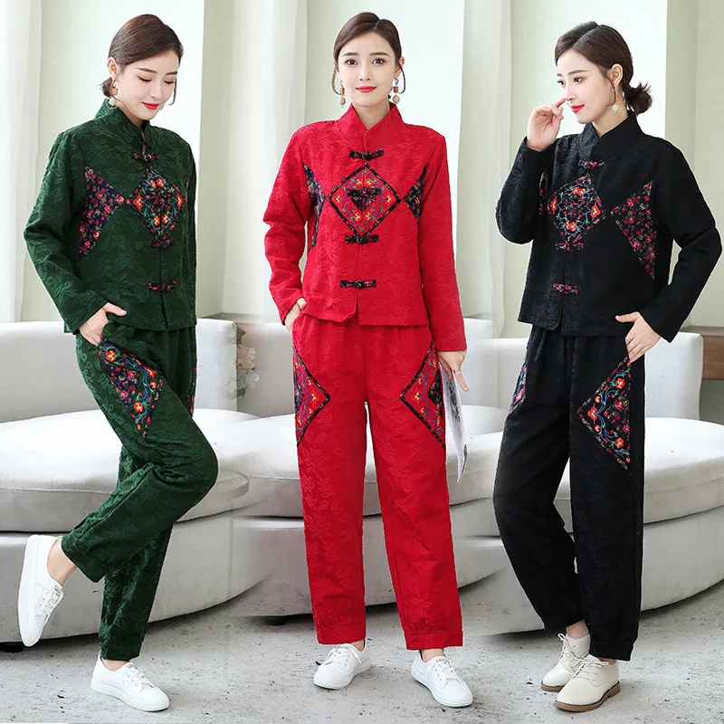 

2019 Autumn And Winter Ethnic-Style Cotton Linen WOMEN'S Suit Embroidered Coat Retro Embroidered Loose Pants Two-Piece Set