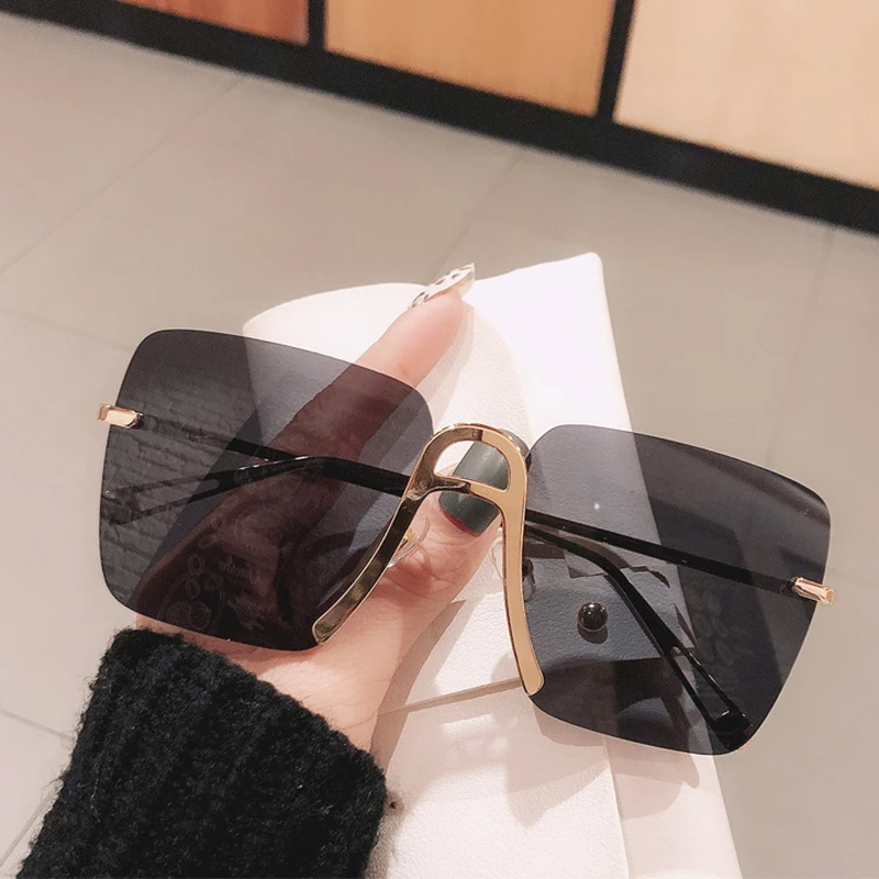 Gafas de sol cuadradas sin montura mujer, de sol de lujo con puente de nariz grande, tintado en negro de diseño de Metal|Gafas sol para mujer| - AliExpress