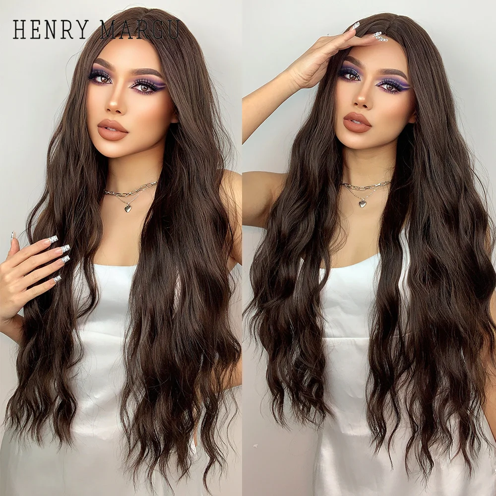 HENRY MARGU Long Brown Wavy Synthetic Wigs Middle Part Natural Curly Wig for Black Women Cosplay Daily Heat Resistant Fake Hair