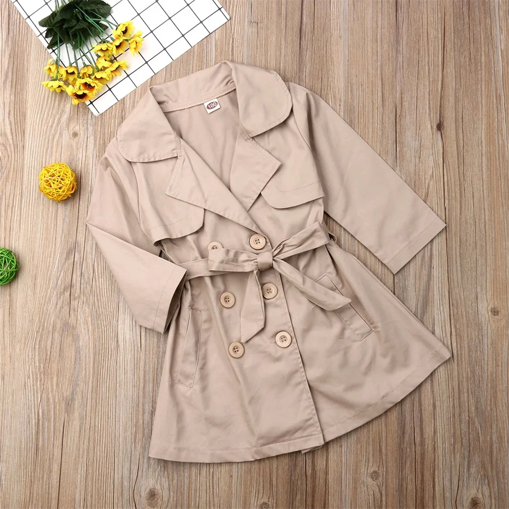 Осенний Тренч в английском стиле для маленьких девочек; куртка с длинными рукавами и отворотами; Верхняя одежда; однотонное Детское пальто для девочек