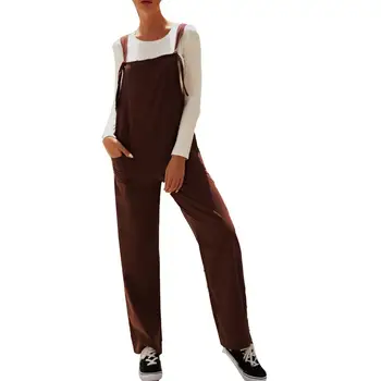 

Casual Women Solid Color Multi Pockets Tie Wide Leg Loose Overalls Jumpsuit