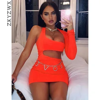 

ZKYZWX Neon One Shoulder Sexy Mini Dress Women Tight Vestidos Long Sleeve Fall Bodycon Dresses Backless Short Club Party Dress