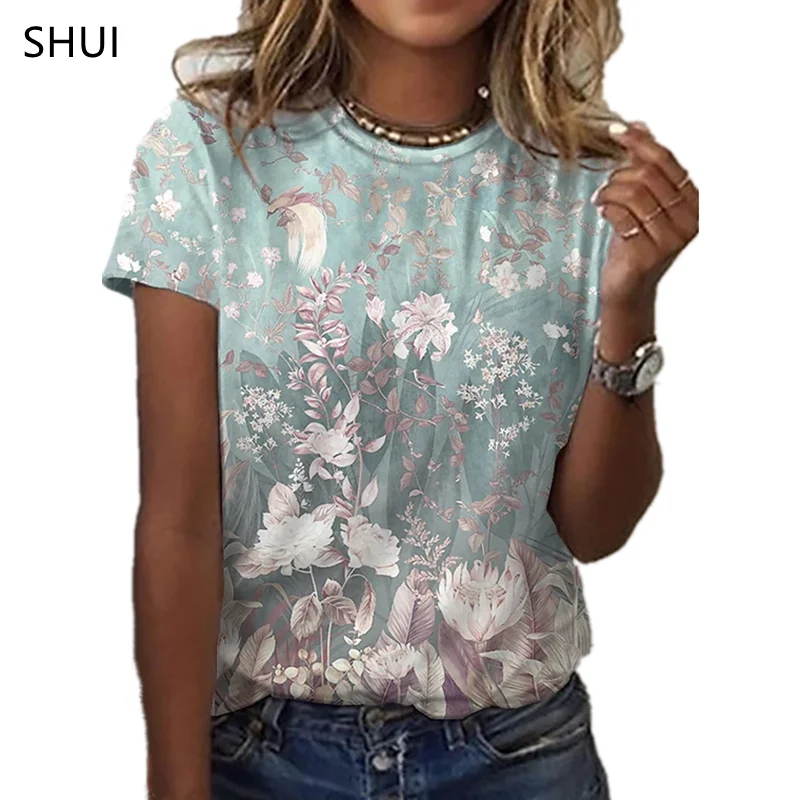 Women's Summer Loose Top Floral 3D Printing T-Shirt Round Neck Casual Shirt Summer Versatile Short Sleeve T-Shirt vintage tees