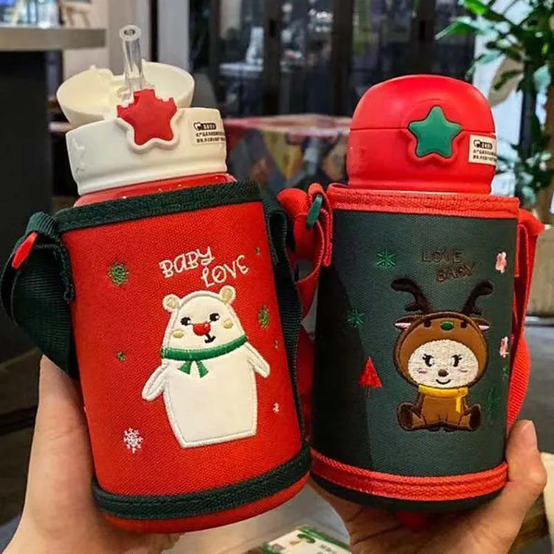 

Children's cute cartoon Christmas gift kindergarten double cover stainless steel vacuum flask with straw drinking water bottle