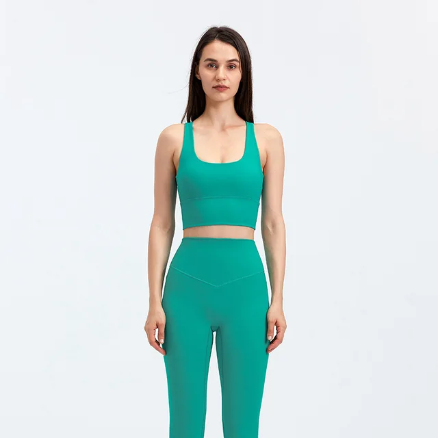 Lulu High Quality Fitness Bra Women Gym Tank Top Butter Soft  Cross Back Yoga Vest Athletic High Impact Brassiere With Chest Pad green