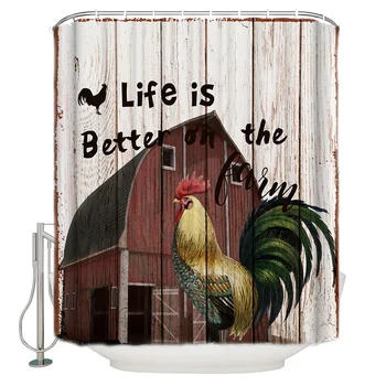 

Life Is Better On The Farm Rooster Barn Vintage Wooden Board Background Shower Curtain Waterproof Polyester Bath Curtain