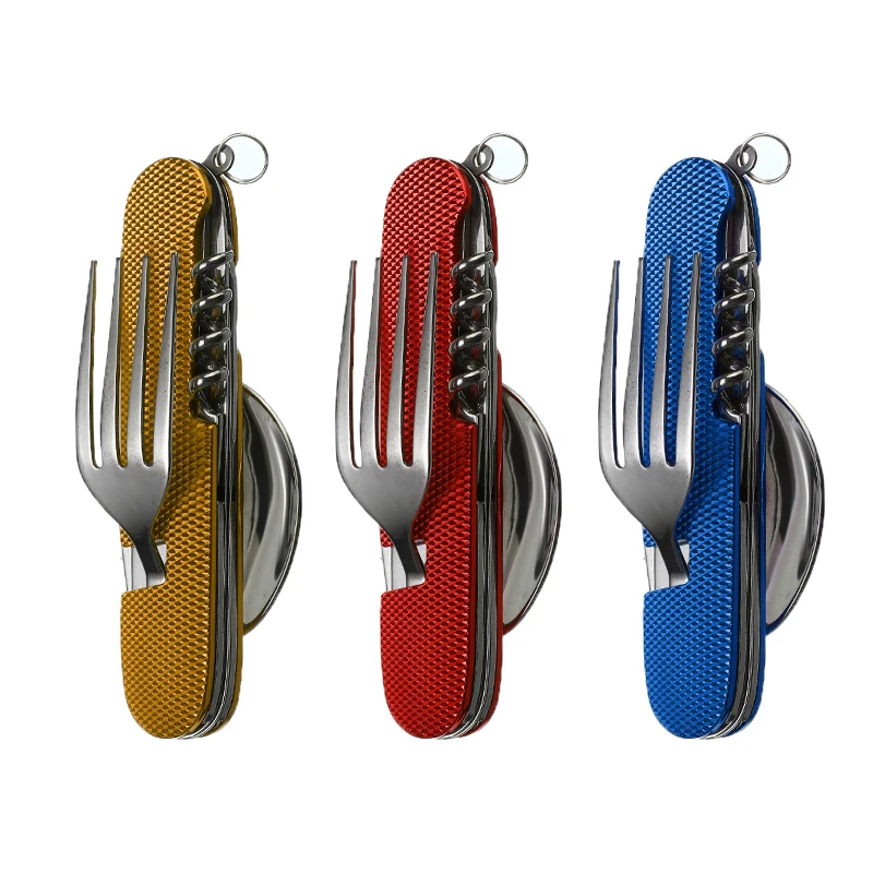 

6 in 1 Detachable Outdoor Tableware Camping Stainless Steel Fork Knife Spoon Bottle Opener Fold Kit For Hiking Survival Travel
