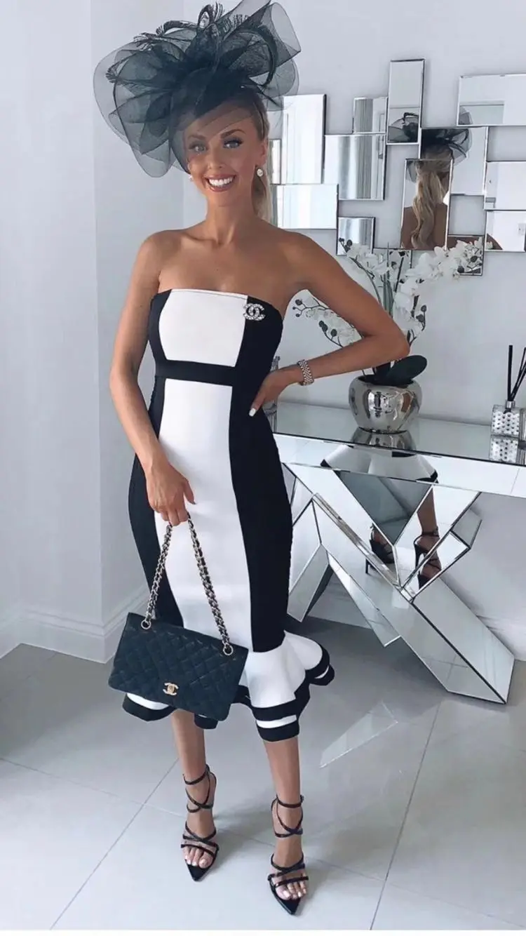 

Top Quality Celebrity White Black Patchwork Strapless Rayon Bandage Dress Party Bodycon Dress