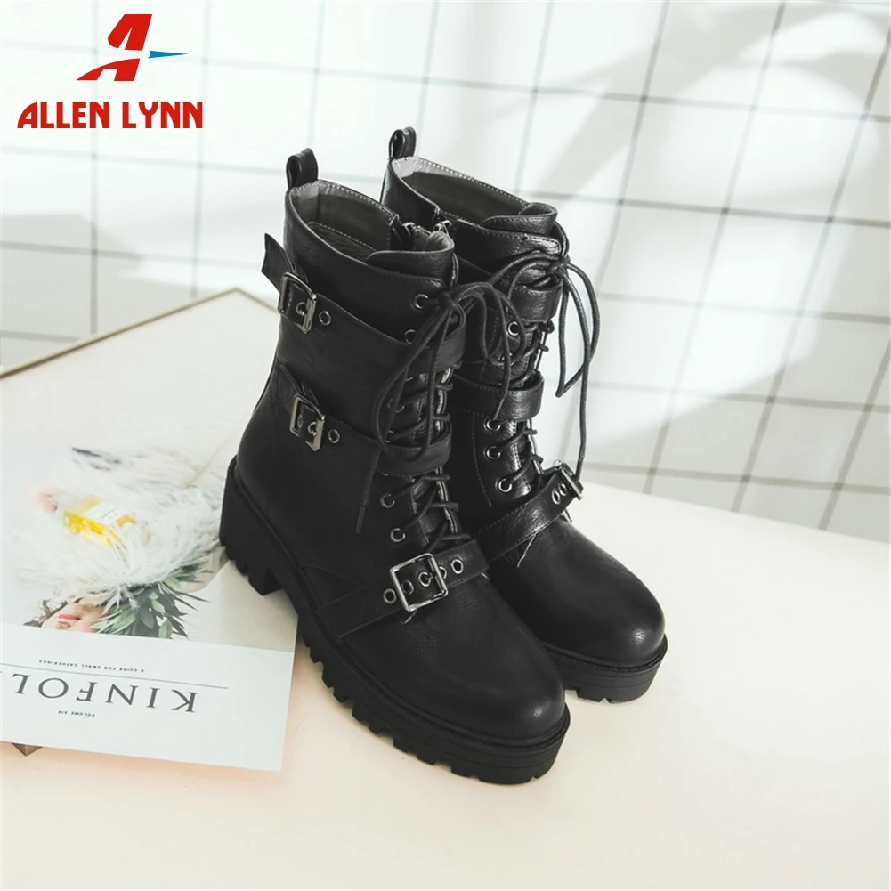 

ALLEN 32-48 New Fashion Lady 2020 Buckle Zipper Casual Shoes Woman Platform Thick Heel Boots Women Lace Up Boots