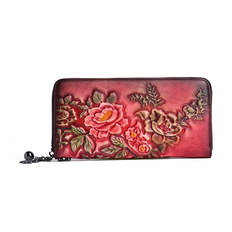 Vintage red Натуральная кожа Винтаж Для женщин кошелек с тиснением в китайском стиле Стиль женский кошелек с несколькими, с отделением для карт, на каждый день, клатч, длинный, сумочка для Стандартный бумажник - Цвет: Vintage red