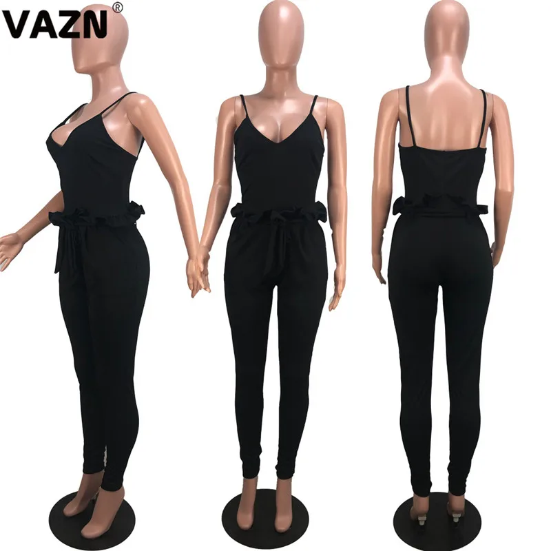 VAZN GDAN18121 new fashion women black solid jumpsuit sleeveless long pant jumpjsuits v-neck sexy club bandage wind rompers