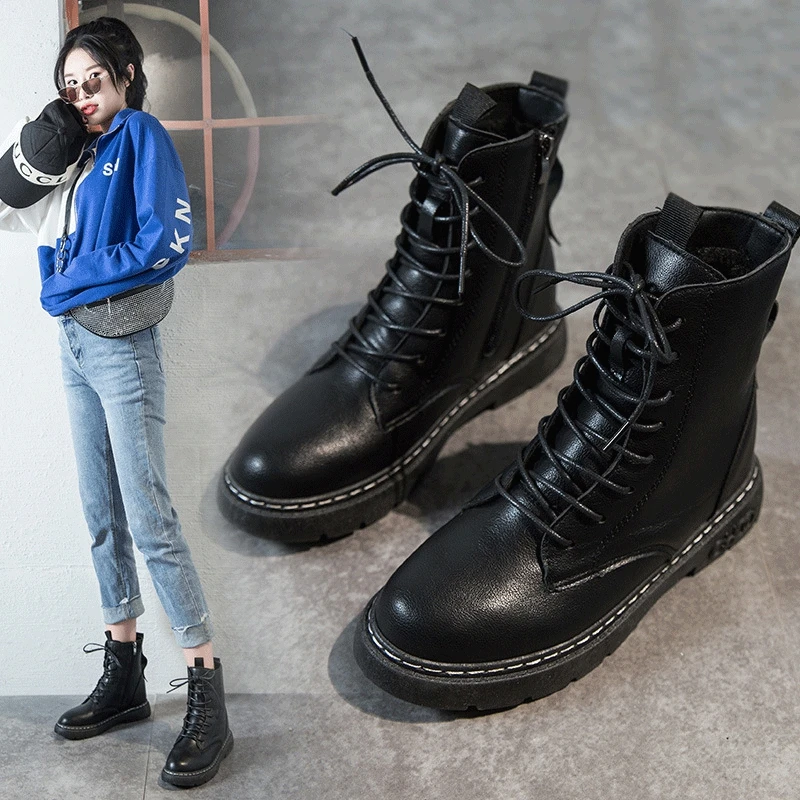

2020 plus velvet warm Martin boots female fashion trend student joker thick bottom British style black motorcycle short boots