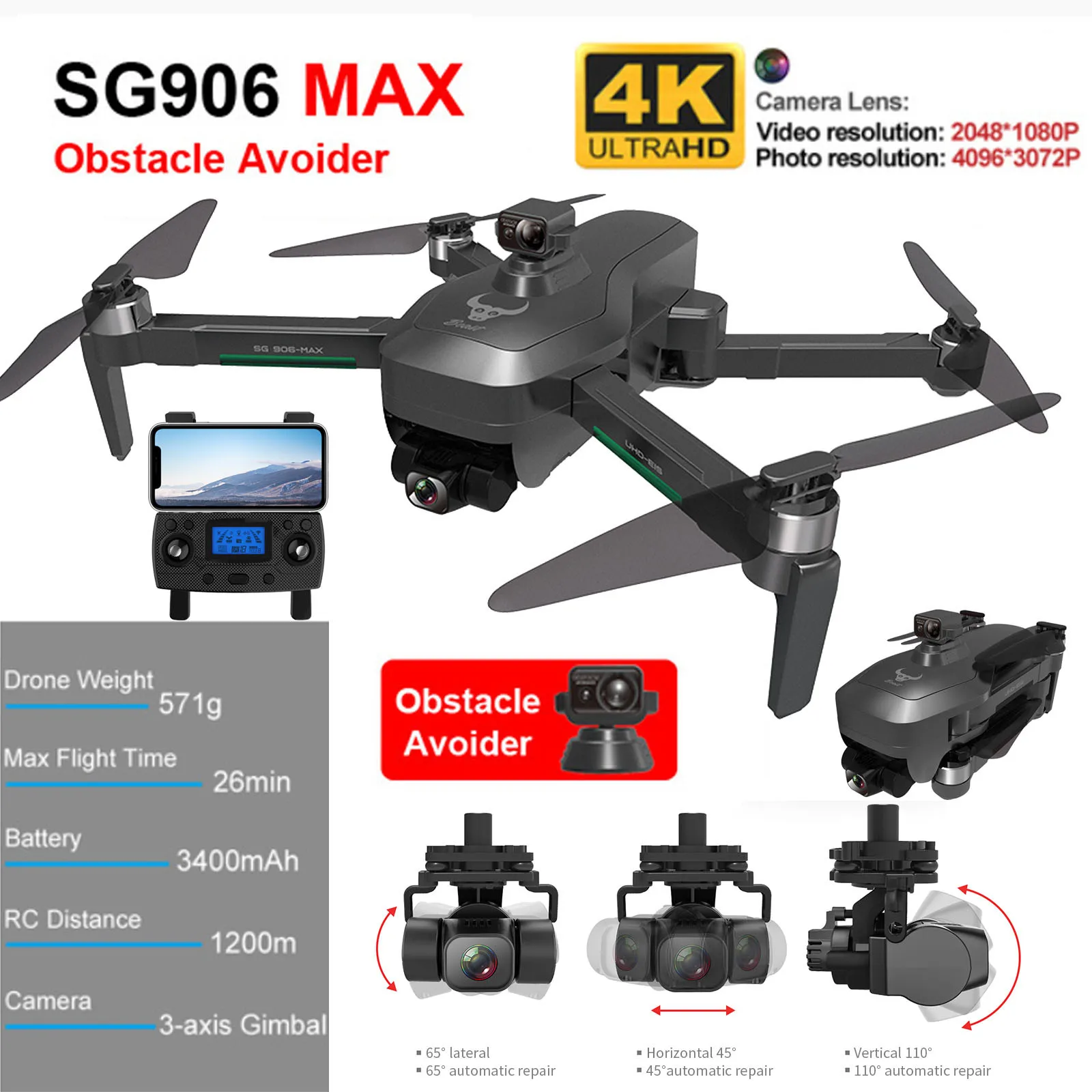 Dron Sg906 Pro Max 4k Hd, dispositivo automático para evitar obstáculos, cardán de 3 ejes, 5g, Wifi, Gps