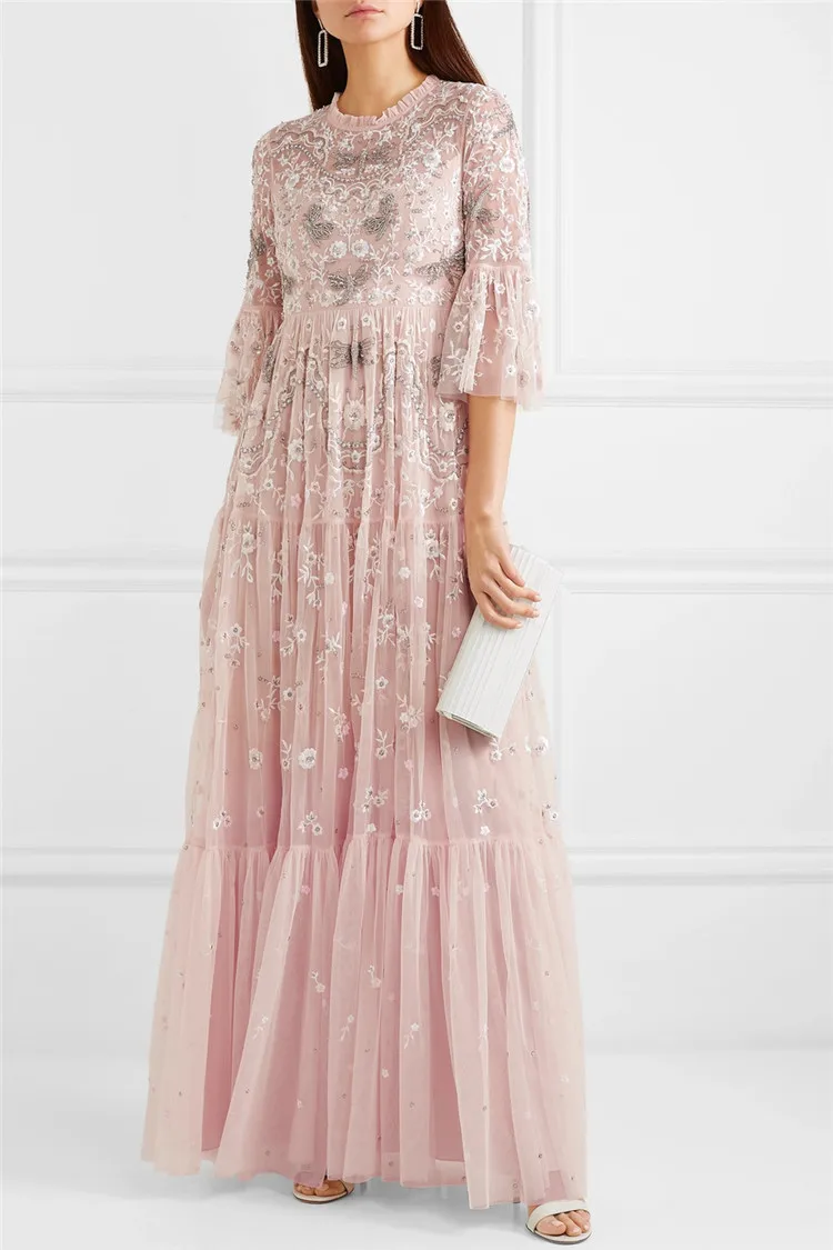 Роскошные вечерние женские платья высокого качества с расклешенными рукавами с цветочной вышивкой Длинное Платье Макси розовое платье для дня рождения знаменитостей