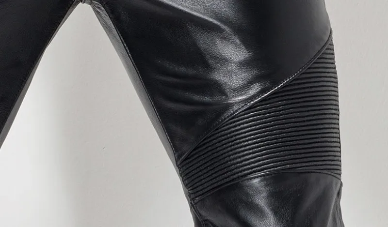 Flash Deal European Autumn Winter Slim Mens Full Length Cowhide Pants Windproof Thick Moto Biker Pleated Genuine Leather Male Pencil Pants 11