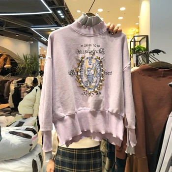 

Korean Style Hoodies Woman New Spring Turtleneck Sweatshirt Student Beaded Embroidery Pullovers Hoodie Tracksuit Loose Tops