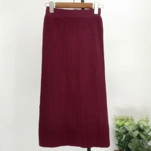Осенняя Женская юбка с эластичными лентами, зимняя теплая трикотажная прямая юбка, Повседневная однотонная облегающая черная юбка средней длины в рубчик для женщин