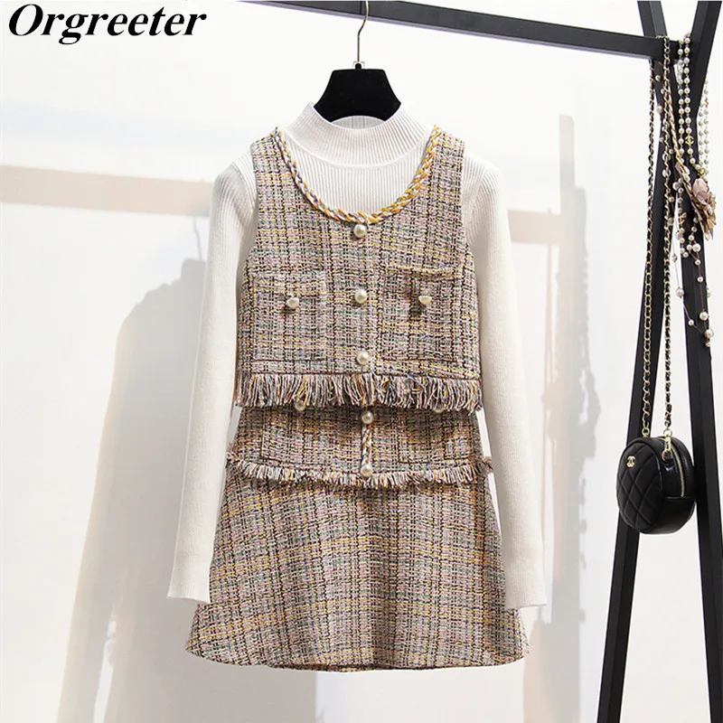 

New Single Breasted Tweed 2/3 Pieces Set Women Sweet Woven trim Tassel Crop Vest+Sweater+Woolen Bodycon Mini A-line Skirt Set