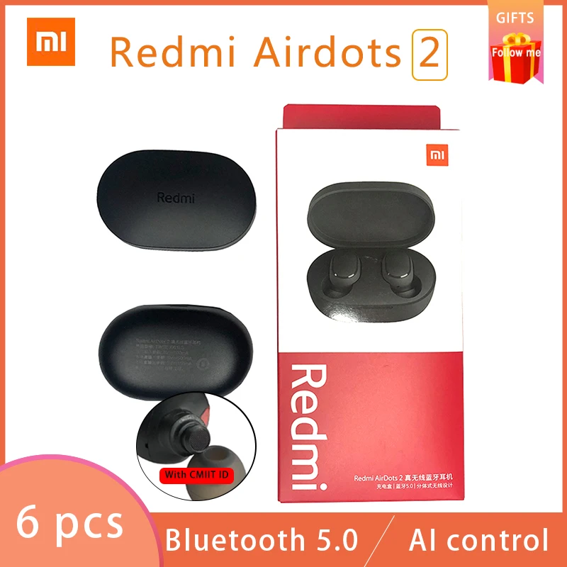 6 Pcs/Lot Xiaomi Redmi AirDots 2 TWS Bluetooth 5.0 Noise Reduction with Mic AI Control Redmi AirDots S True Wireless Headset