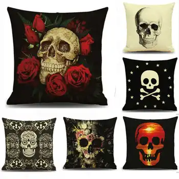

Pillow Cushion cover skull head rosr ghost flower print office home 45cm*45cm cotton hemp super soft Halloween home Decoration
