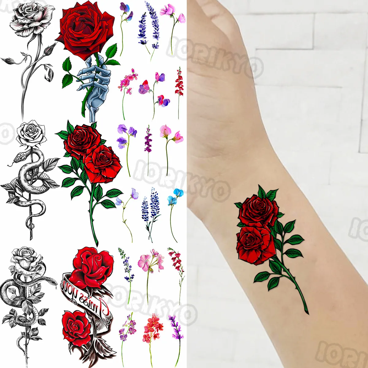 

Colorful Rose Temporary Tattoos For Women Girls Realistic Snake Lavender Lotus Flower Fake Tattoo Sticker Forearm Tatoos Neck