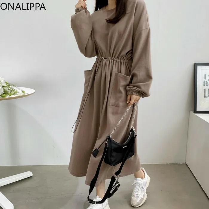 ONALIPPA Women Casual Hoodies Dress Autumn Japanese Korean Loose Round Neck Long Sleeve Big Pocket Drawstring Waist Slim Vestido | Женская