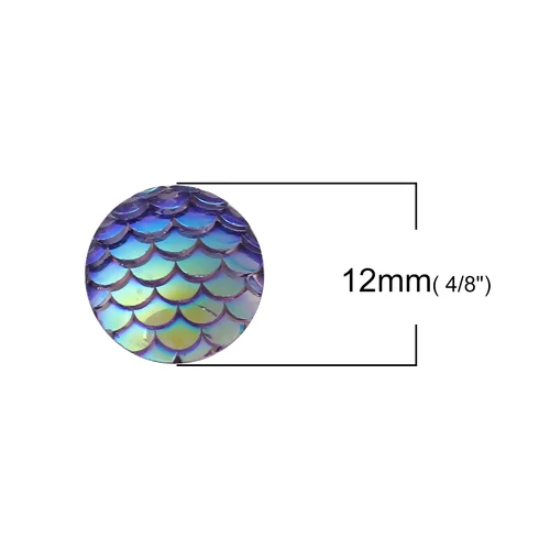 50PCs 8mm/12mm Resin Round Mermaid Fish Dragon Scale Dome Seals Cabochon Royal Blue AB Color For DIY Earring Jewelry Making 12mm Dia