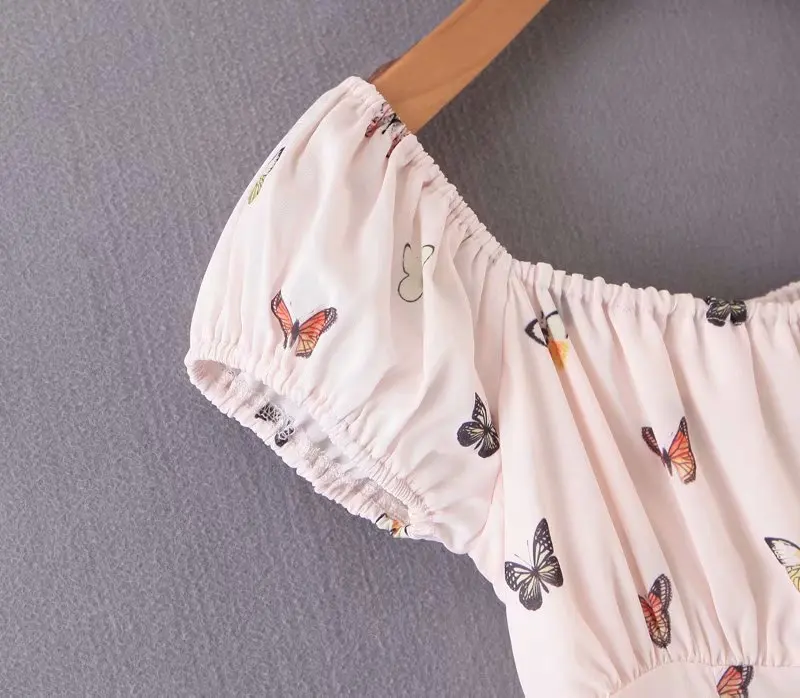 Bazaleas дворец бабочка печати Ruched Мини платье Винтаж короткий рукав кремовые женские платья кнопки в стиле ретро vestidos